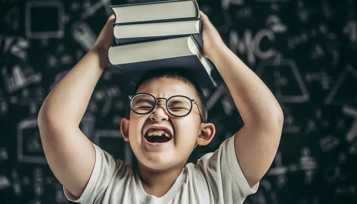 Anak Laki-Laki Berkacamata Terlihat Bahagia Membawa Buku