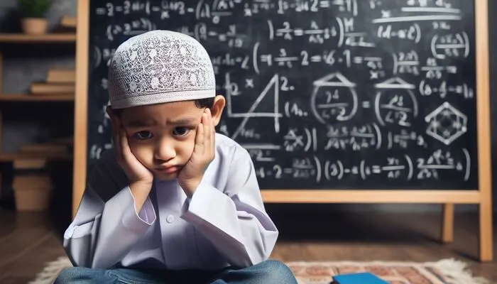 Anak laki-laki duduk di depan papan yang bertuliskan rumus matematika