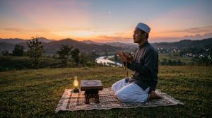 suasana muhasabah diri yang damai di bawah langit senja dan seorang muslim mengenakan pakaian ibadah tengah berdoa di atas sajadah. Di sekitarnya tampak Al-Qur’an, tasbih.