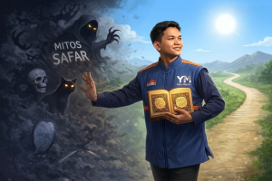 Ilustrasi AI : menampilkan seorang Muslim yang melangkah dengan cahaya Al-Qur’an dan ilmu, meninggalkan bayangan gelap mitos Safar yang penuh simbol kesialan. Jalan terang di depannya menggambarkan kebenaran, sementara sosok bayangan di belakangnya melambangkan takhayul yang ditinggalkan.